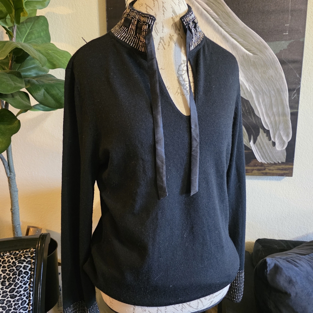 Peter Nygard Vintage Black Satin Tie Merino Wool with Beaded Collar Sweater